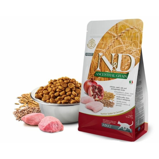 N&D Cat Ancestral Grain Csirke-Gránátalma-Tönkölybúza-Zab táp macskáknak