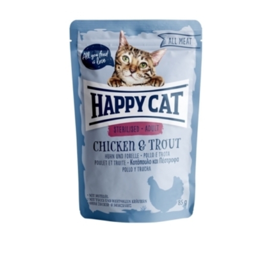 Happy Cat - Pouch Hús Steril Adult Csirke-Pisztráng