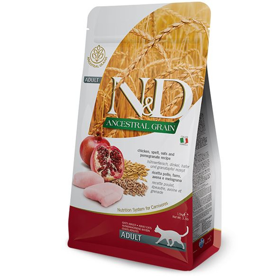 N&D Cat Ancestral Grain Csirke-Gránátalma-Tönkölybúza-Zab táp macskáknak 1,5 kg