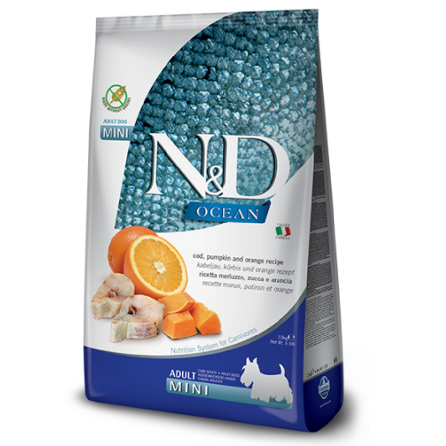 N&D Dog Ocean - Tőkehal-Sütőtök-Narancs száraztáp Kistestű Kutyáknak 2,5 kg