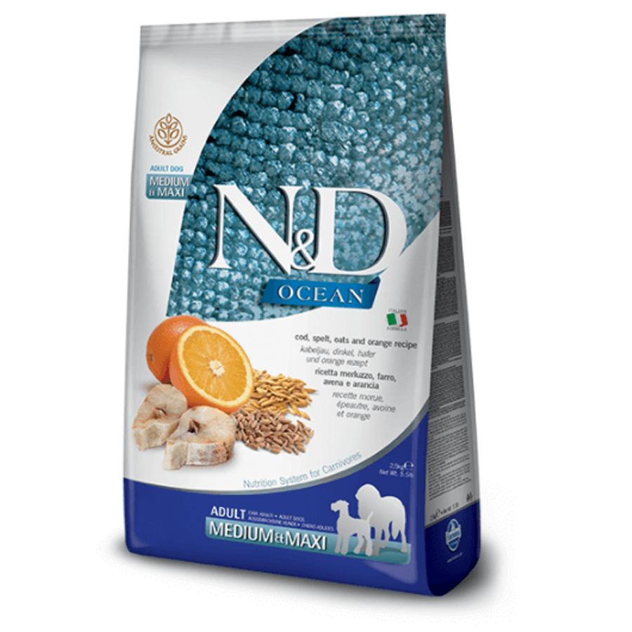 N&D Dog Ocean Tőkehal-Tönköly-Zab-Narancs száraztáp Kutyáknak 2,5 kg