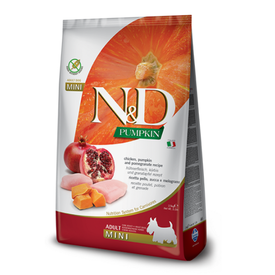 N&D Dog Pumpkin - Csirke-Sütőtök-Gránátalma száraztáp Kistestű Felnőtt Kutyáknak 2,5 kg