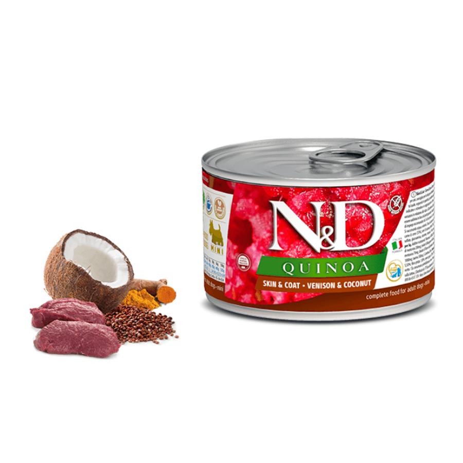 N&D Dog Quinoa - Szarvas-Kókusz konzerv a Bőrért és Szőrzetért Kistestű Kutyának 140 g N&D Dog Quinoa - Szarvas-Kókusz konzerv a Bőrért és Szőrzetért Kistestű Kutyának 140 g