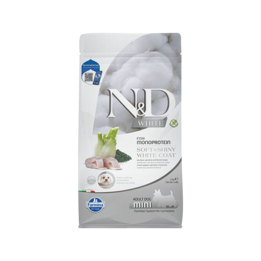 N&D White Dog tengeri sügér, spirulina&édeskömény adult mini 2kg